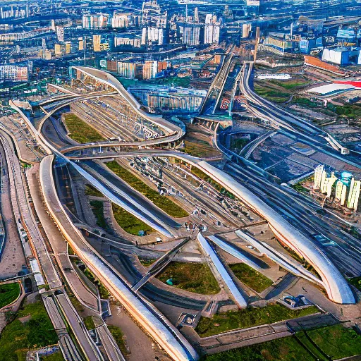 Image similar to Aerial photo of a Minsk city after apocalypse, Minsk Railway station, ultra detailed, High resolution, 4k, nuclear war, alien invasion