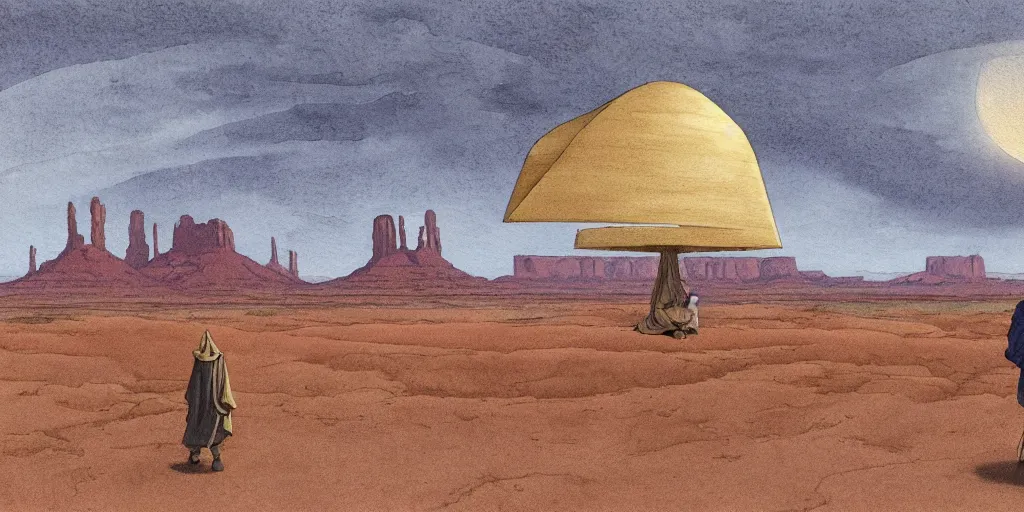 Prompt: a hyperrealist watercolor concept art of a giant ufo from independce day on the horizon of monument valley. a medieval monk in grey robes is in the foreground. golden hour. very muted colors, by rebecca guay, michael kaluta, charles vess. high detail, hq, wide shot, 4 k