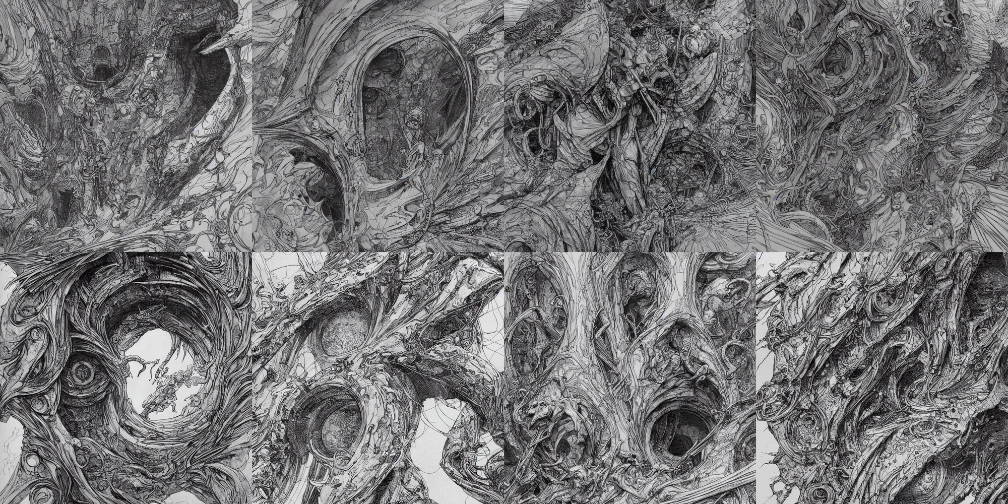 Prompt: close up view of a portal, art by James Jean and Wayne Barlowe and moebius, black and white ink, mechanical pencils and rotring, low details and clean lines , cinematic, cgsociety 8k