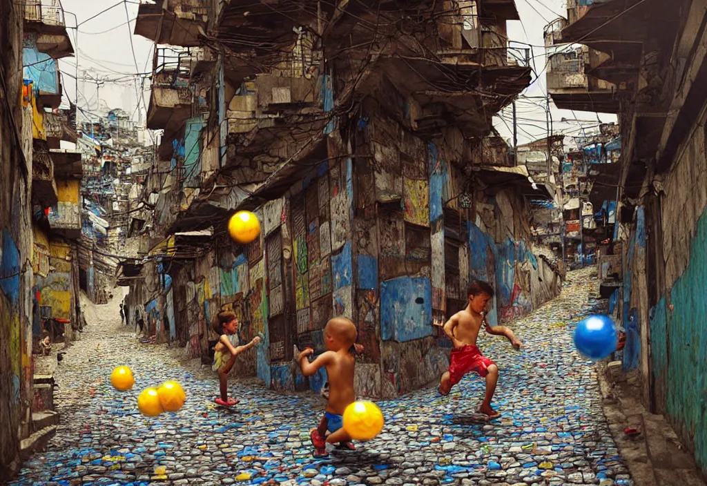 Image similar to photorealistic favela rocinha rio de janeiro with precise rendered alleys with intricate details of gun happy people in alley close view of kid playing with colorful ball and flying kit by Justin Gerard