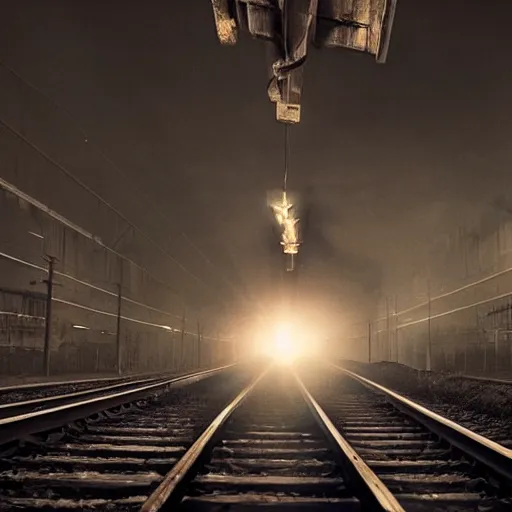 Image similar to justin sun tied to train tracks, bound in rope and chains, beautiful cinematic lighting, epic composition, approaching train headlight