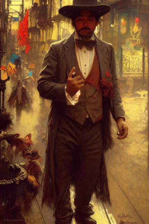 Image similar to honduran immigrant, dressed as a magician. christopher street, nyc, realistic painting by gaston bussiere, craig mullins, greg rutkowski, alphonse mucha