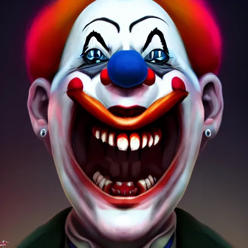 Image similar to a scary clown laughing, directed gaze, full - body and head view, highly detailed, zeronis style, artstation, soft light, sharp focus, illustration, character design, concept art