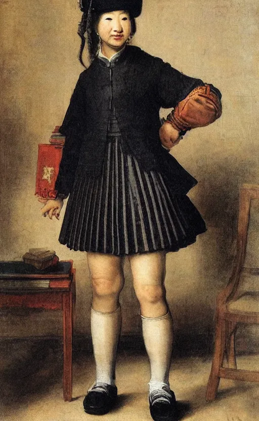 Prompt: xi jinping, school uniform, seifuku, pleated miniskirt, overknee socks. by rembrandt 1 6 6 7, illustration