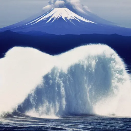 Image similar to Photo of a Giant Wave with mount fuji in the background, wave larger than mount fuji, mount fuji in the distance, highly detailed