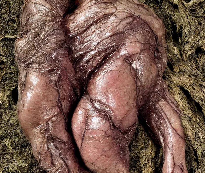 Prompt: a high resolution photo of a complex head, body grown together various animal eyes, arms amphibia hairless veins wrinkles morphing nature documentary, in a dark forest, cracked plastic wrap, insect gills morph scales merged in fur skin, wrinkled muscles skin, veins merged feet head, displacement, distorted animal head face eyes arms tail 1 9 0 2