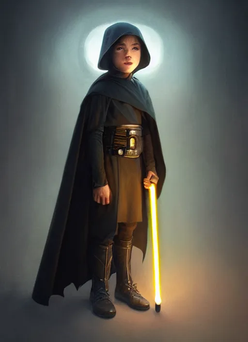 Image similar to perfectly - centered - portrait of a kid wearing black cloak holding light saber, intricate, highly detailed, digital painting, artstation, concept art, smooth, sharp focus, illustration, unreal engine 5, 8 k, art by artgerm and greg rutkowski and alphonse mucha and sam spratt