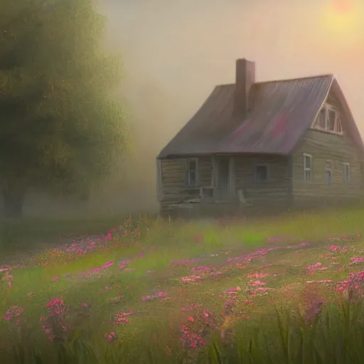 Image similar to a matte painting of a prairie, close up cottage, foggy, patchy flowers, oil painting, pale colors, high detail, 8 k, wide angle, trending on artstation,