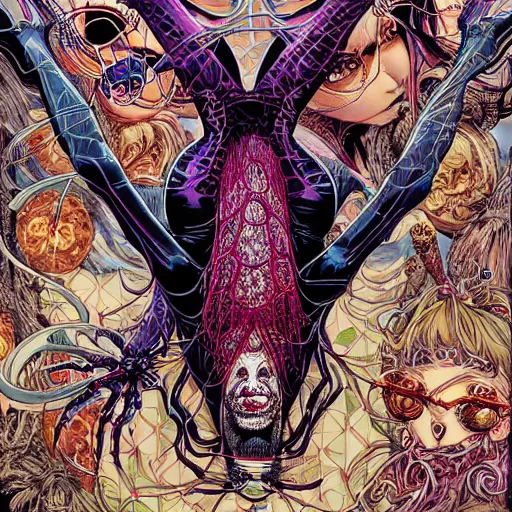 Image similar to portrait of crazy spider girl, symmetrical, by yoichi hatakenaka, masamune shirow, josan gonzales and dan mumford, ayami kojima, takato yamamoto, barclay shaw, karol bak, yukito kishiro