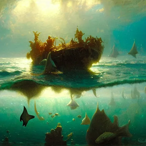 Image similar to point of view of deep in the ocean looking up, you see fishes, higher up you see very clearly the milk way illuminating the sea down bellow. highly detailed painting by gaston bussiere, greg rutkowski 8 k