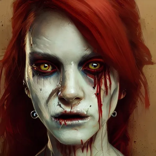 Prompt: a female zombie, detailed face, redhead, by greg rutkowski, mandy jurgens