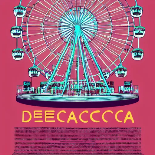 Prompt: vector poster graphic shapes : : 2 desert amusment park : : 2 giant magical ferris wheel touching the clouds : : 3 vector illustration : : 4 duotone : : 2 by laurie greasley and satoshi kon : : 4