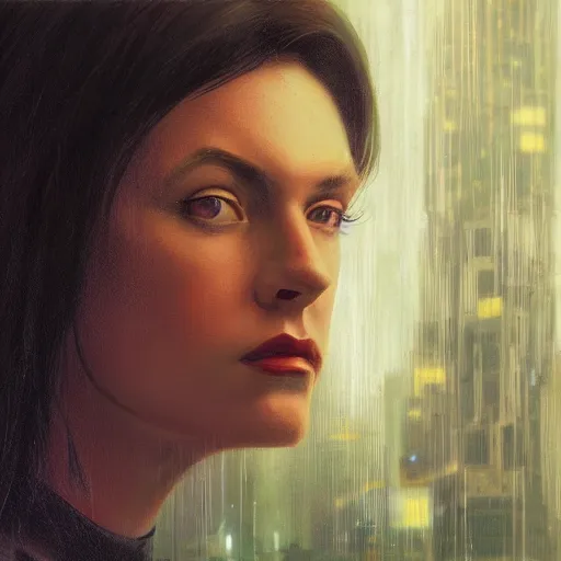 Image similar to detailed face of a woman, moment, cyberpunk cloisters, electronic billboards, tech noir, wet reflections, prism, atmospheric, ambient, pj crook, syd mead, livia prima, greg rutkowski, edward hopper