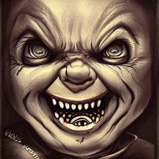 Image similar to surrealism grunge cartoon portrait sketch of chucky with a wide smile, by michael karcz, loony toons style, freddy krueger style, horror theme, detailed, elegant, intricate