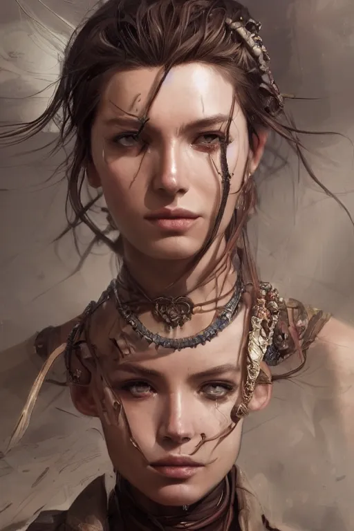 Image similar to A masterpiece portrait of a Incredibly beautiful queer Syberian post apocalyptic shaman girl . medium shot, intricate, elegant, highly detailed. trending on artstation, digital art, by Stanley Artgerm Lau, WLOP, Rossdraws, James Jean, Andrei Riabovitchev, Marc Simonetti, Yoshitaka Amano