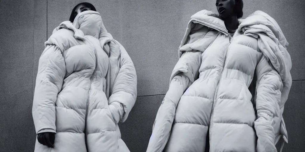 Image similar to well lit fashion shoot portrait of extremely beautiful female marble statue wearing huge over size puffer jacket by dingyun zhang, yeezy, balenciaga, vetements, a cold wall, sharp focus, clear, detailed,, cinematic, detailed, off white, glamourous, symmetrical, vogue, editorial, fashion, magazine shoot, glossy