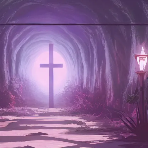 Prompt: a christian cross as the light at the end of the tunnel, with pale purple and pale pink lighting, cute, aesthetic, anime, with a few vines and overgrowth, studio ghibli, cinematic, painting, high definition, digital art, symmetrical, very detailed, extremely high detail, photo realistic, concept art, unreal engine 5,