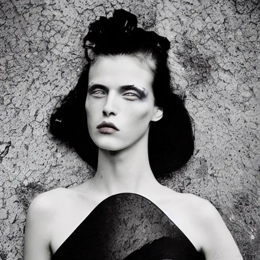 Image similar to kodak portra 4 0 0, wetplate, photo of an artsy model, girl, vogue shooting, weird and unique fashion, photographed by paolo roversi style