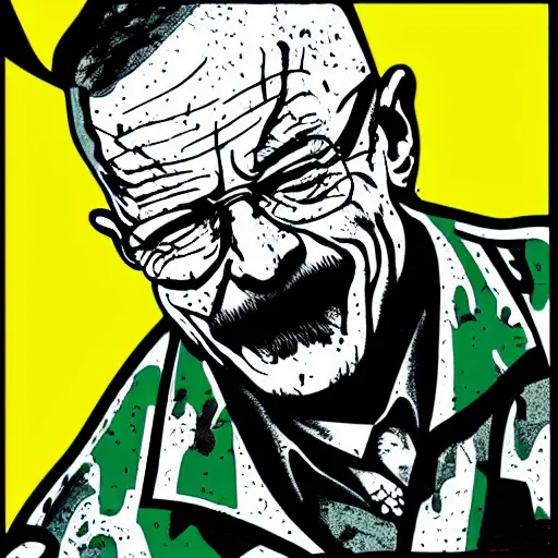 Image similar to die cut sticker, walter white laughing like the joker, splatter paint