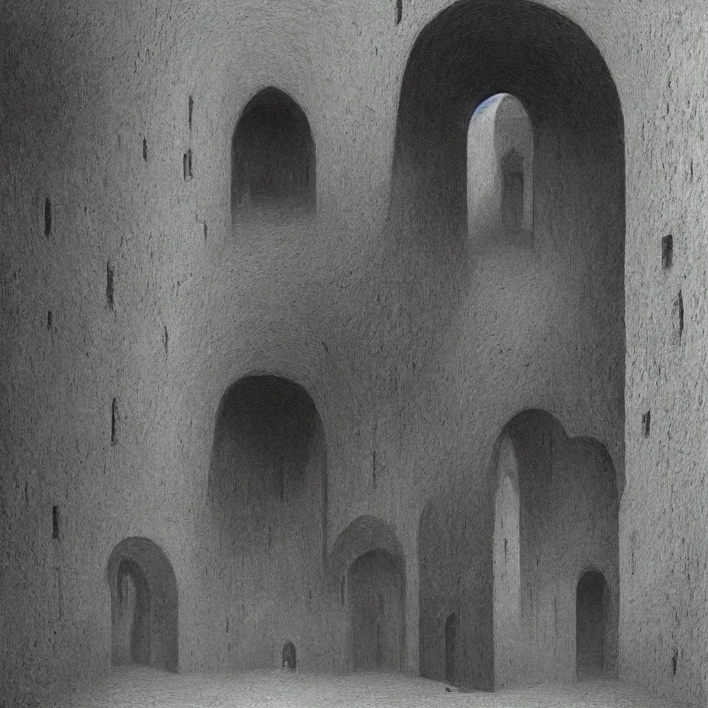 Prompt: cathedral, dungeon, sepulcher, oubliette. unsettling. semi - organic. tunnel, doorways. zdzisław beksinski