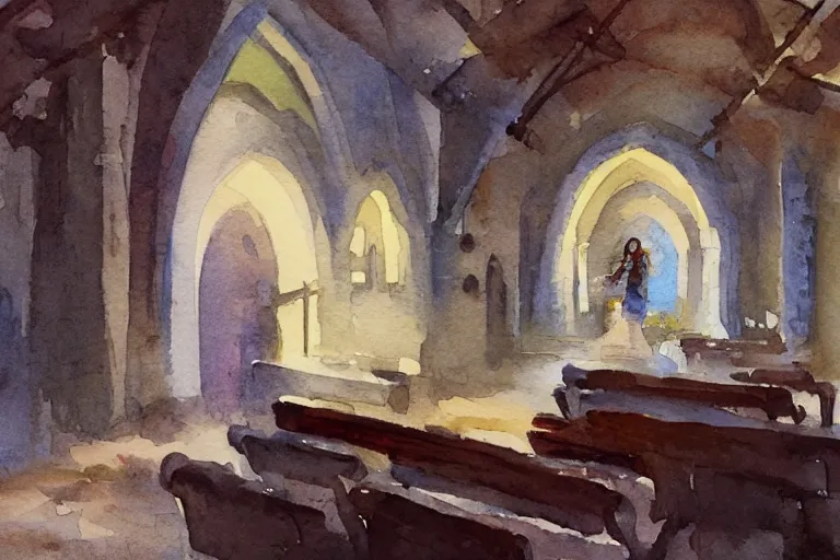 Image similar to small centered on watercolor paper, paint brush strokes, abstract watercolor painting of traditional scandinavian wooden church, medieval chapel at dawn, cinematic light, national romanticism by hans dahl, by jesper ejsing, by anders zorn, by greg rutkowski, by greg manchess, by tyler edlin