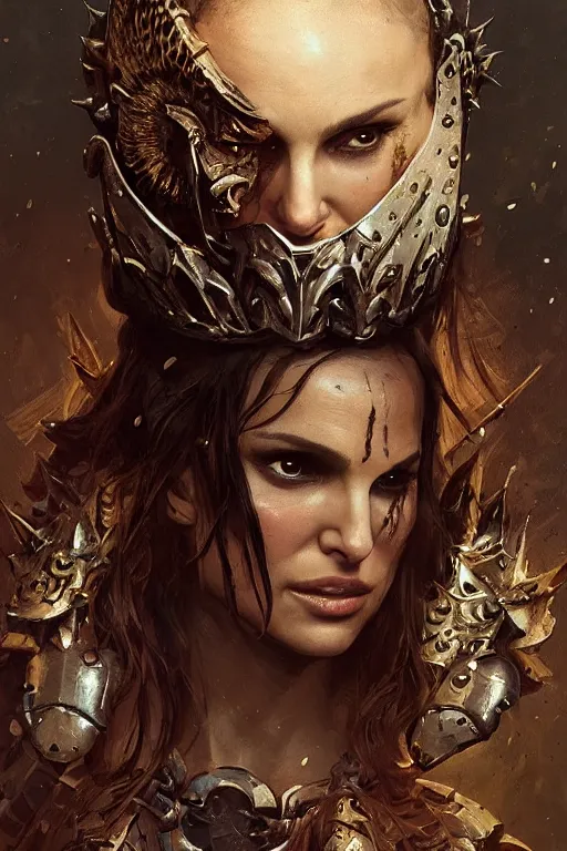 Image similar to natalie portman, legendary warrior, heroic fighter, diablo, fighting fantasy, tattoos, decorative ornaments, battle armor, by carl spitzweg, ismail inceoglu, vdragan bibin, hans thoma, greg rutkowski, alexandros pyromallis, perfect face, finely detailed, realistic shading