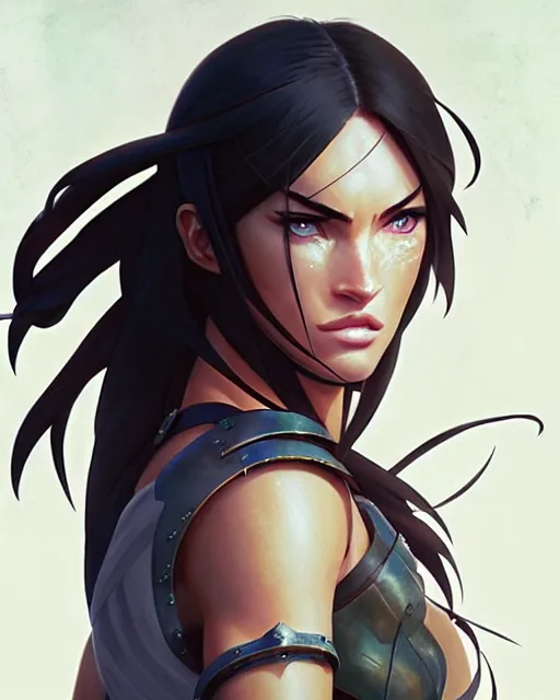 Image similar to azctec warrior, megan fox, detailed perfect face, exquisite details, fire magic, mid view, design on a white background, by studio muti, greg rutkowski makoto shinkai takashi takeuchi studio ghibli