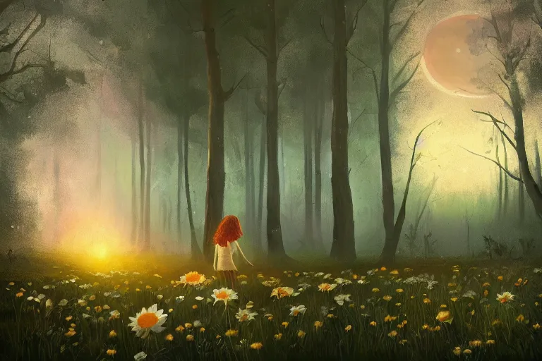 Image similar to giant daisy flower as face, girl walking in forest, surreal photography, dark night, stars, moon light, impressionist painting, clouds, digital painting, artstation, simon stalenhag