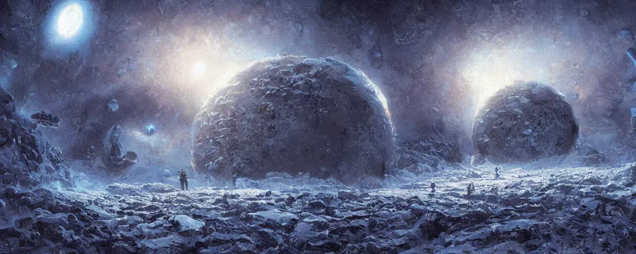 Image similar to ” outer planet covered with ice, [ art by paul lehr, cinematic, detailed, epic, widescreen, opening, establishing, mattepainting, photorealistic, realistic textures, octane render ] ”