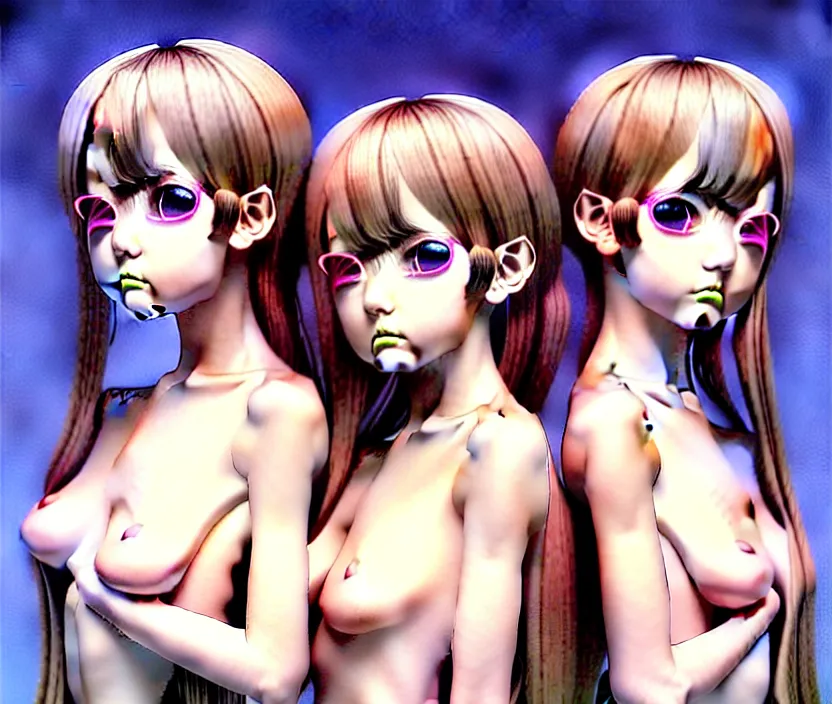 Prompt: richly detailed colored pencil 3D illustration of twin sisters who are resigned to their fate of being turned into hollow shells by an evil demon sent by Satan to alter them. subtly sensual art by Range Murata and Artgerm.