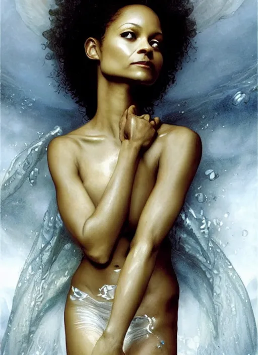 Image similar to dramatic upper body portrait of Thandie Newton as a dark-skinned la sirene Haitian mermaid goddess by Ruan Jia and Mandy Jurgens and Artgerm and william-adolphe bouguereau, underwater, white sheer fabric, white lilies, shells, mirrors, marvel comics, intricate, highly detailed, smooth, artstation, digital illustration by julie bell and Ruan Jia and Mandy Jurgens and Artgerm and William Adolphe Bouguereau and John Collier and Greg Rutkowski and Frank Frazetta