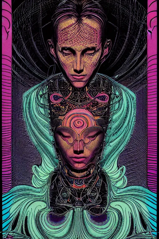 Prompt: portrait of black and psychedelic grainshading tarot card print of the lover, by moebius, wayne barlowe, cyberpunk comic cover art, very intricate, thick outline, artstation