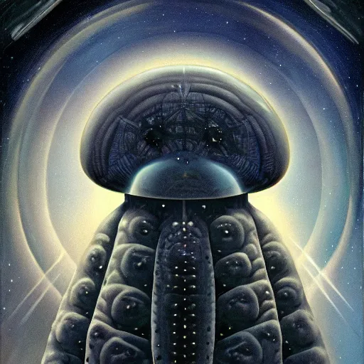 Image similar to the alien transcendent cosmic tardigrade that awaits you at the end of all of space and time, by gerald brom and ansel adams