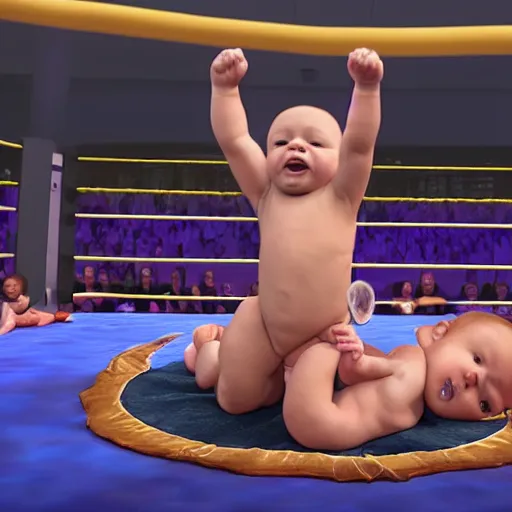 Image similar to babies pro wrestling in the wwe, 4 k, photorealistic
