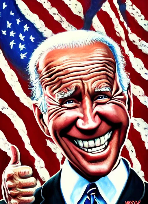 Prompt: mad magazine cover, norman mingo painting, joe biden smiling, thumbs up, exaggerated proportions, caricature, realistic! ( painterly ), visible brush strokes, vintage, hd, crisp