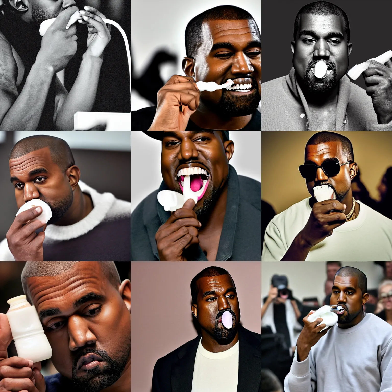 Prompt: kanye west drinking toothpaste by squeezing a tube of colgate into his mouth