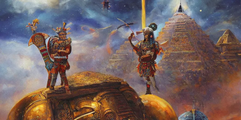 Image similar to simonetti rutkowski epic painting aztec warrior watching spaceship starship in the sky, background is mesoamerican pyramid