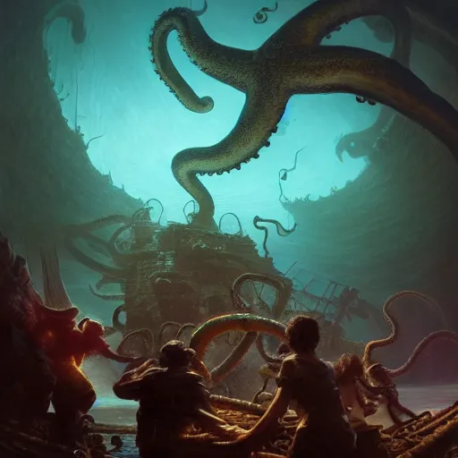 Prompt: A group of adventurers fighting a giant octopus in a sunken ship, underwater, magic the gathering artwork, D&D, fantasy, highly detailed, artstation, concept art, smooth, sharp focus, volumetric lighting, by Greg Rutkowski and Lulu Chen