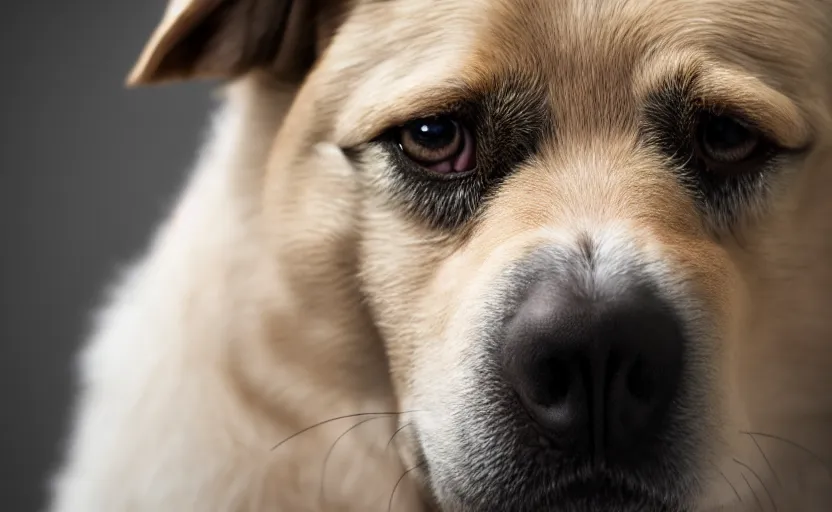 Image similar to studio photography of a sad dog, detailed face, cinematic lighting, 8 k