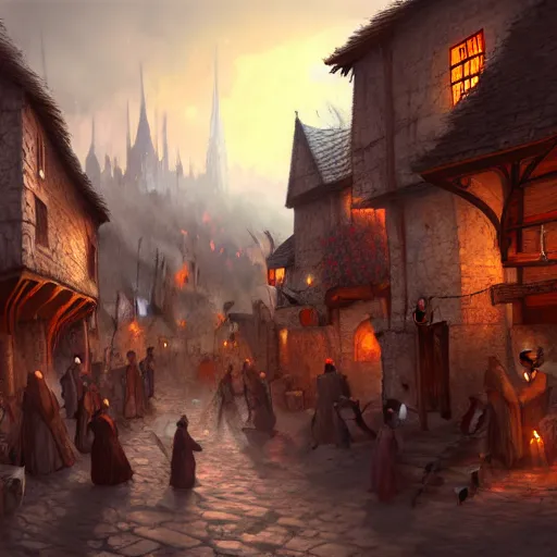 Prompt: busy medieval village, deviantart, artstation, fantasy