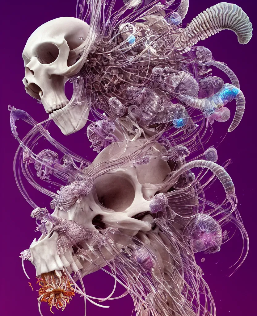 Image similar to goddess close-up portrait ram skull, thorax, x-ray, backbone, jellyfish phoenix head, nautilus, orchid, skull, betta fish, bioluminiscent creatures, intricate artwork by Tooth Wu and wlop and beeple. octane render, trending on artstation, greg rutkowski very coherent symmetrical artwork. cinematic, hyper realism, high detail, octane render, 8k