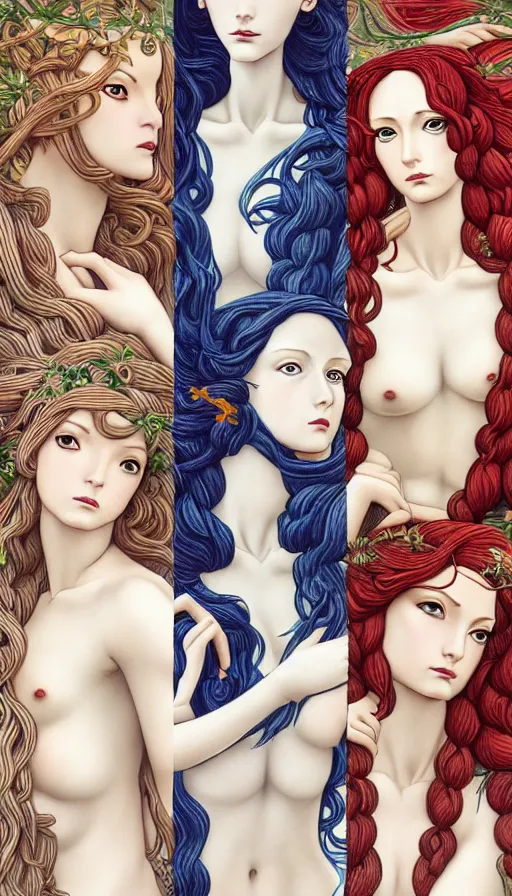 Prompt: 12 figures, representing the 4 seasons, (3 are Winter, 3 are Spring, 3 are Summer and 3 are Autumn), in a mixed style of Botticelli and Æon Flux!!, inspired by pre-raphaelite paintings, shoujo manga, and cyberpunk, stunningly detailed, stunning inking lines, flat colors, 4K photorealistic