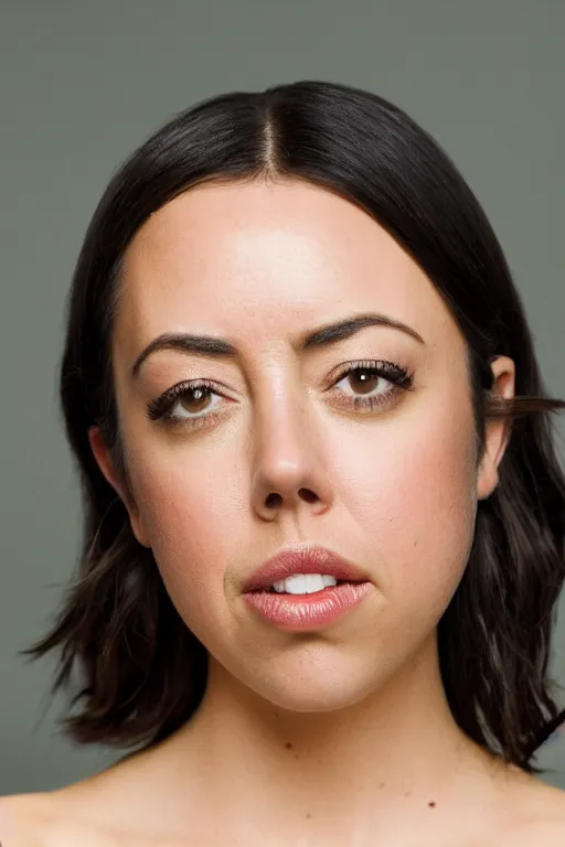 Prompt: photo of Aubrey Plaza with a tomato chin, portrait, 3/4 view, Refined, Detailed professional photo, 50mm lens, Canon eos, blurry distant background, Highly Detailed, Cinematic Lighting, 8k