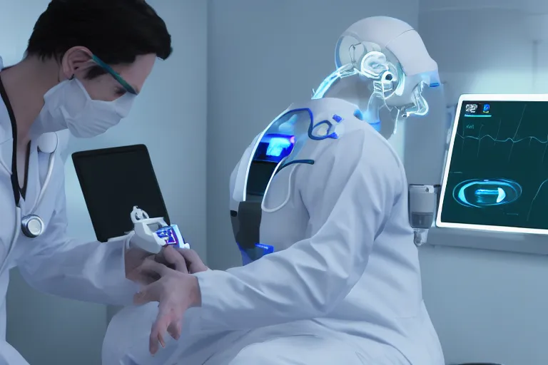 Image similar to digital health tricoder device scanning a human body in the future, unreal engine. hyperdetailed, diagnostics, data visualization, realistic, 4 k, octane