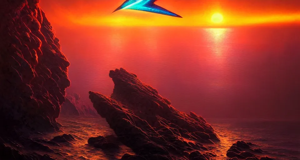 Image similar to psychedelic tron wings in front mind bending sunset, cliffside ocean scene, backlit, aesthetic, elegant, diffuse lighting, hyper realistic, elegant, intricate, hyper detailed, smooth, sharp focus, concept art, illustration, trending on artstation, art by artem demura, greg rutkowski, james gurney, and alphonse mucha