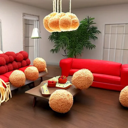 Prompt: spaghetti and meatballs shaped into a living room set