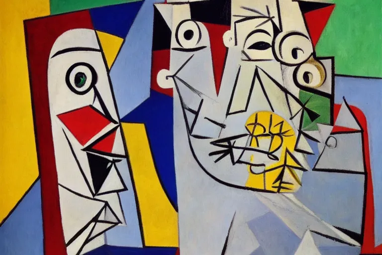 Prompt: a giant sucking up tiny humans with his nose, made by Pablo Picasso