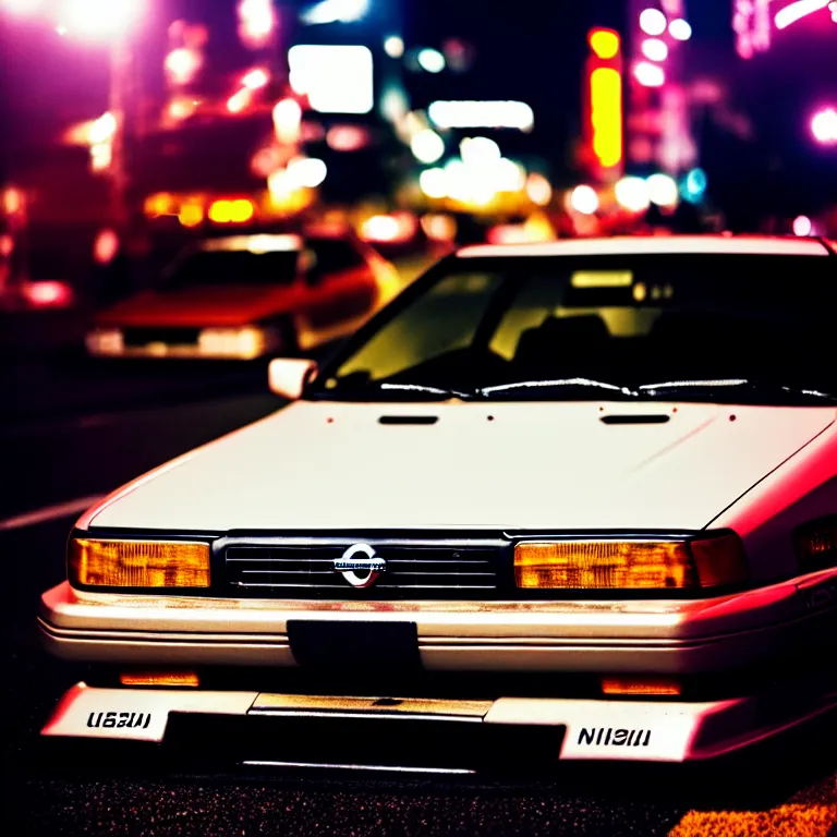 Image similar to close-up-photo Nissan Cefiro turbo illegal roadside meet photos, work-wheels, Shibuya Shibuya, cinematic colors, photorealistic, highly detailed, night photography