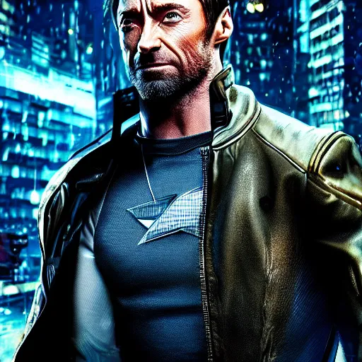 Image similar to hugh jackman portrait, cyberpunk 2 0 7 7, cyberpsycho, photorealistic, ultra detailed, neon, octane, bokeh, cyber, cyberpunk city, feature, scars, cyberface, 8 k