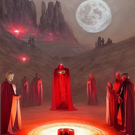 Image similar to A group of people in Sith lord robes pray to a red marble serpent statue, the scene is lit by a red moon., Matte painting , detailed painting, greg rutkowski